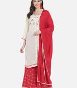 Off White Muslin Silk Kurta and Red Printed Sharara Set with Dupatta