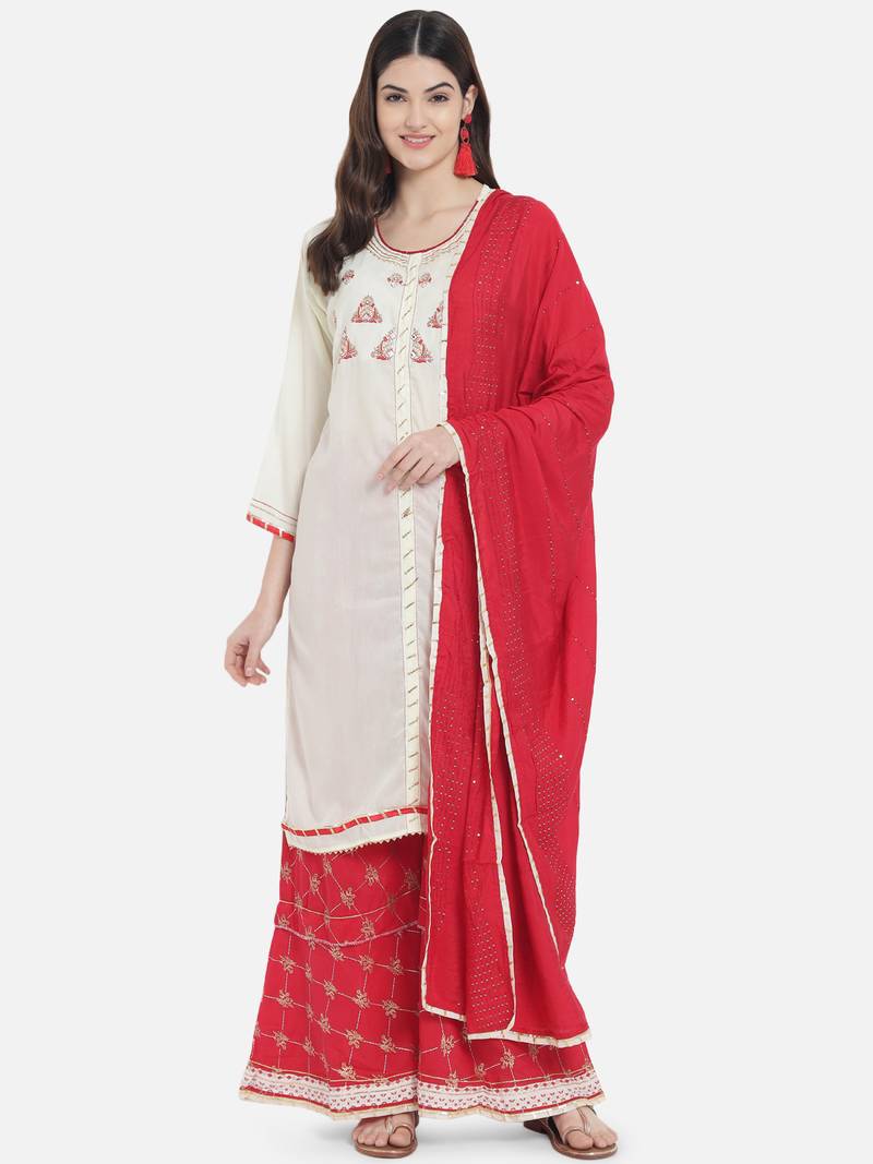 Off White Muslin Silk Kurta and Red Printed Sharara Set with Dupatta