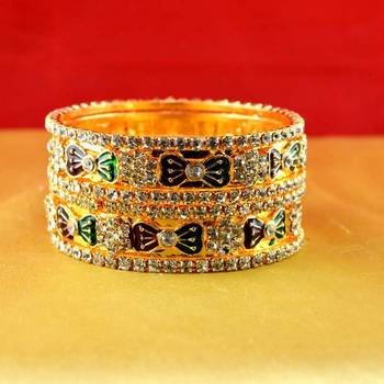 Gold Moti Stone Cz Polki Kundun Meenakari Pearl Bangle Kara Size 2