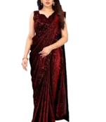 Red embroidered faux silk blend saree with blouse