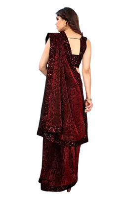 Red embroidered faux silk blend saree with blouse 3