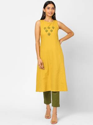 Yellow plain cotton ethnic-kurtis 1