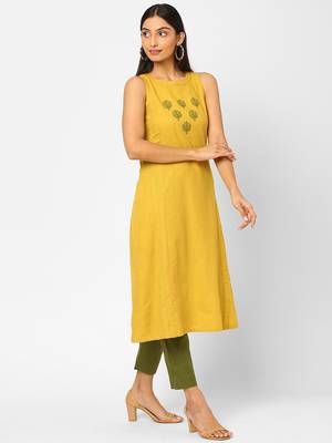 Yellow plain cotton ethnic-kurtis 3