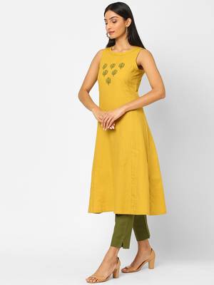 Yellow plain cotton ethnic-kurtis 4