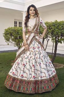 White Thread with sequins embroidered silk semi stitched wedding lehenga