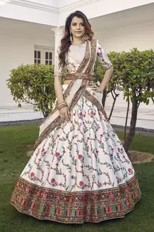 White Thread with sequins embroidered silk semi stitched wedding lehenga