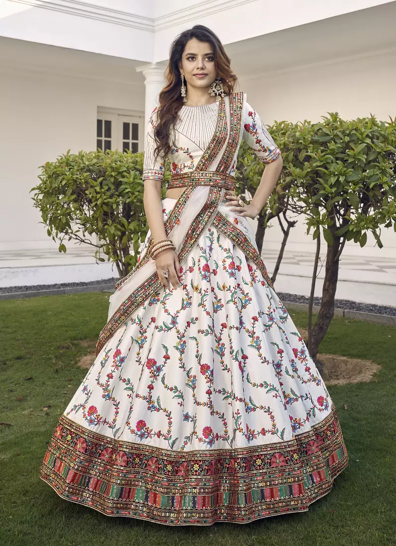 White Thread with sequins embroidered silk semi stitched wedding lehenga