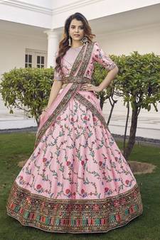 Baby pink thread with sequins embroidered silk semi stitched wedding lehenga