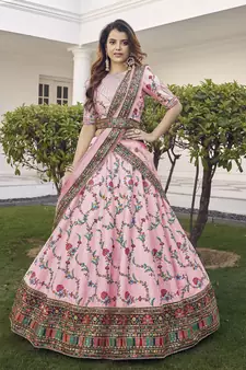 Baby pink thread with sequins embroidered silk semi stitched wedding lehenga