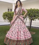 Baby pink thread with sequins embroidered Silk Semi Stitched wedding Lehenga