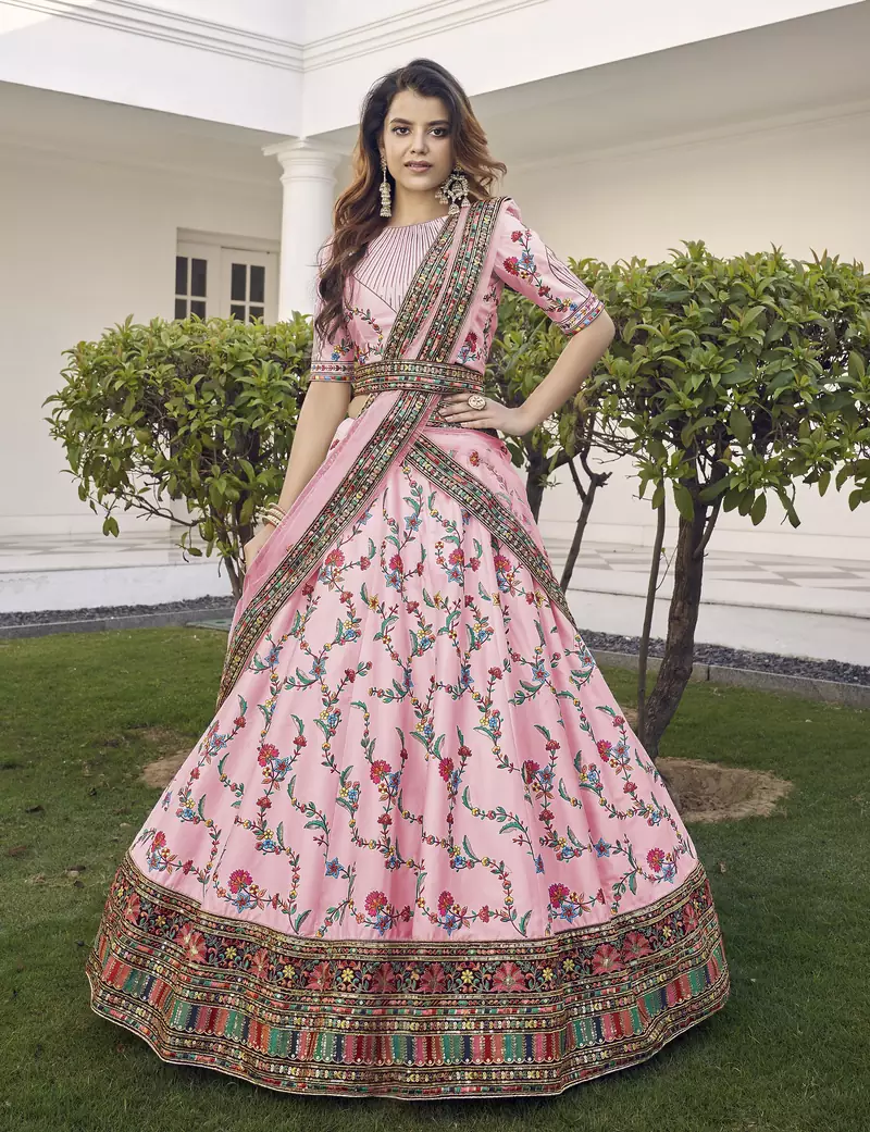 Baby pink thread with sequins embroidered silk semi stitched wedding lehenga