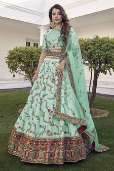 Pista Green thread with sequins embroidered silk semi stitched wedding lehenga