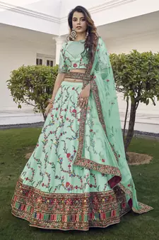 Pista Green thread with sequins embroidered silk semi stitched wedding lehenga