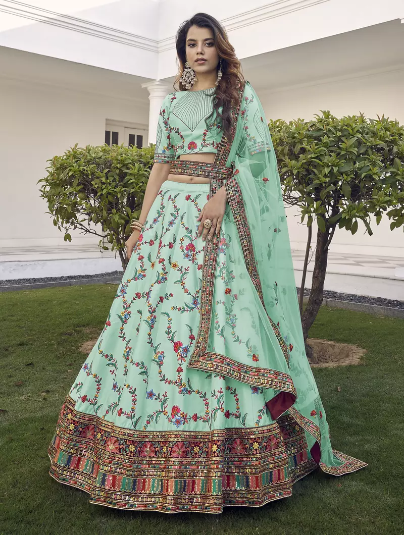 Pista Green thread with sequins embroidered silk semi stitched wedding lehenga