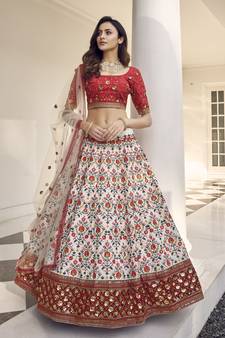White & Red thread with Sequins embroidered art silk semi-stitched Party wear lehenga