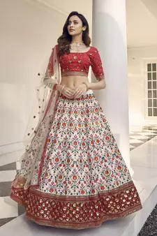 White & Red thread with Sequins embroidered art silk semi-stitched Party wear lehenga