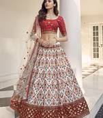 White & Red thread with Sequins embroidered art Silk Semi Stitched Party wear Lehenga