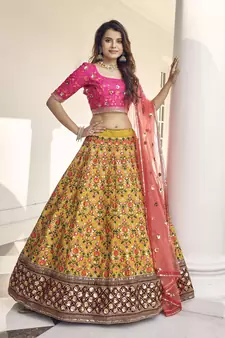 Mustard-yellow & Pink thread with sequins embroidered art silk semi stitched party wear lehenga