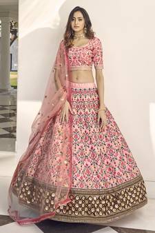 Pink thread with sequins embroidered art silk semi stitched wedding lehenga for bridal