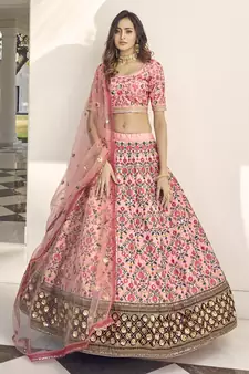 Pink thread with sequins embroidered art silk semi stitched wedding lehenga for bridal