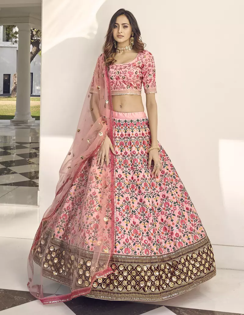 Pink thread with sequins embroidered art silk semi stitched wedding lehenga for bridal