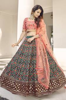 Green & Orange thread with sequins embroidered art silk semi stitched wedding and Party lehenga