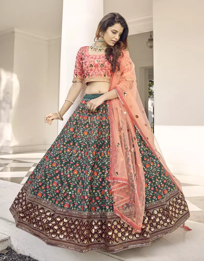 Green & Orange thread with sequins embroidered art silk semi stitched wedding and Party lehenga