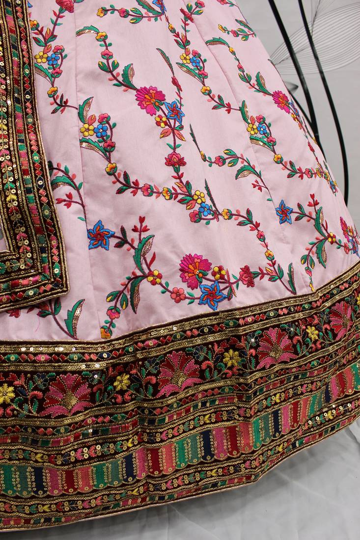 Baby pink thread with sequins embroidered Silk Semi Stitched wedding Lehenga