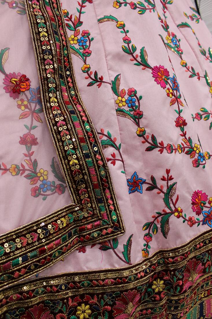 Baby pink thread with sequins embroidered Silk Semi Stitched wedding Lehenga