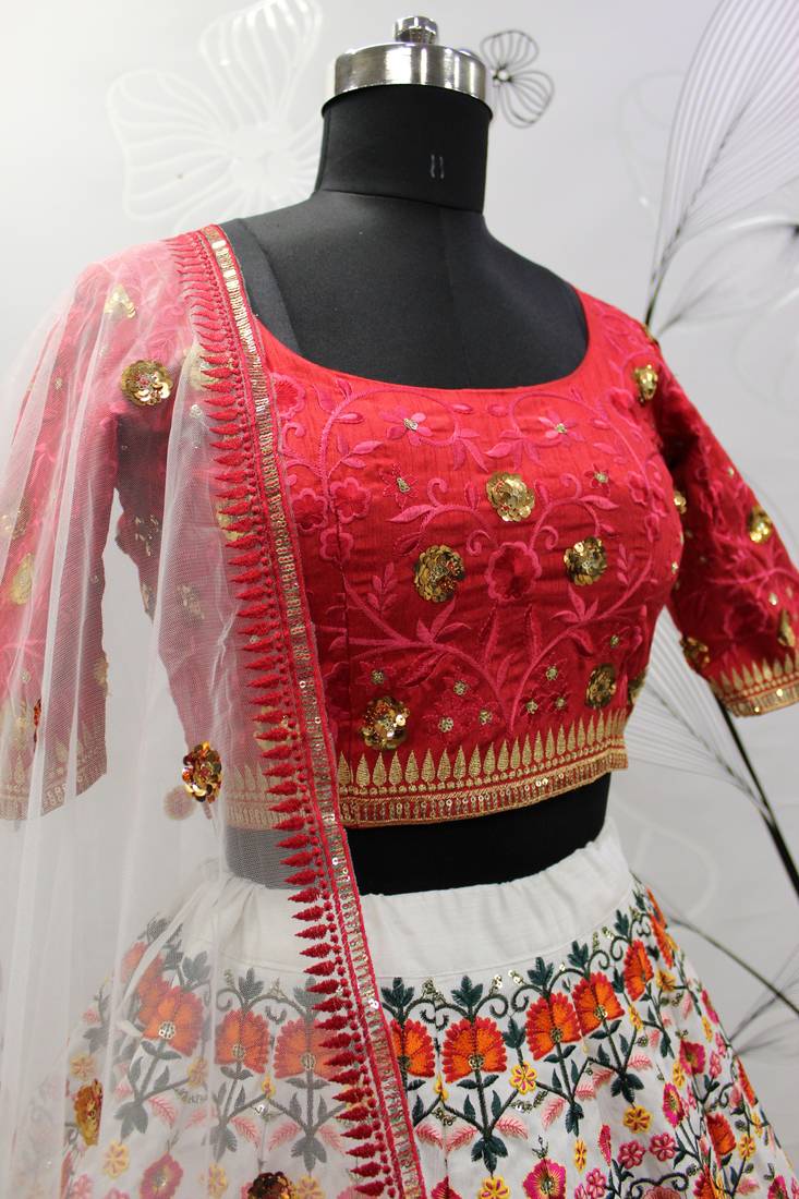 White & Red thread with Sequins embroidered art Silk Semi Stitched Party wear Lehenga