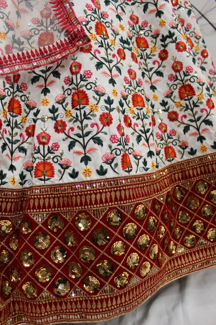 White & Red thread with Sequins embroidered art Silk Semi Stitched Party wear Lehenga