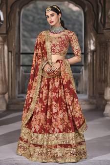 Red Dori, Zari and Sequins embroidered organza floral Lehenga choli