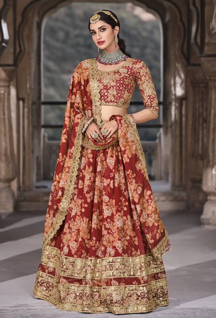 Red Dori, Zari and Sequins embroidered organza floral Lehenga choli