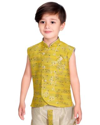 Yellow printed silk blend boys-kurta-pyjama 1