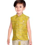Yellow printed silk blend boys-kurta-pyjama