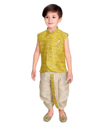 Yellow printed silk blend boys-kurta-pyjama 2