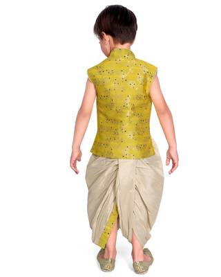 Yellow printed silk blend boys-kurta-pyjama 3