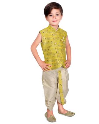 Yellow printed silk blend boys-kurta-pyjama 4