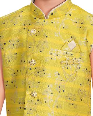 Yellow printed silk blend boys-kurta-pyjama 5