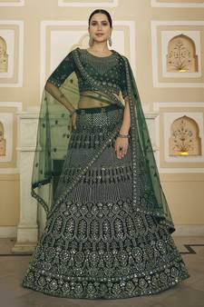 Graceful Green Mirror work with Dori Embroidered net Bridal Lehenga choli