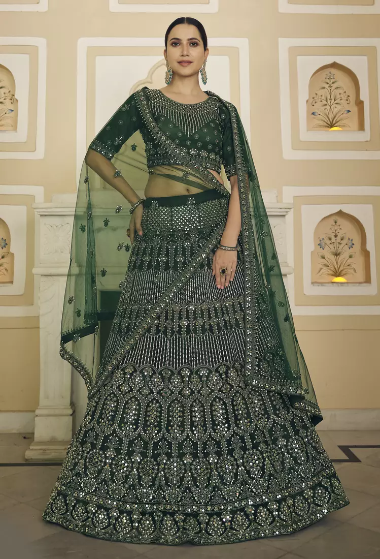 Graceful Green Mirror work with Dori Embroidered net Bridal Lehenga choli