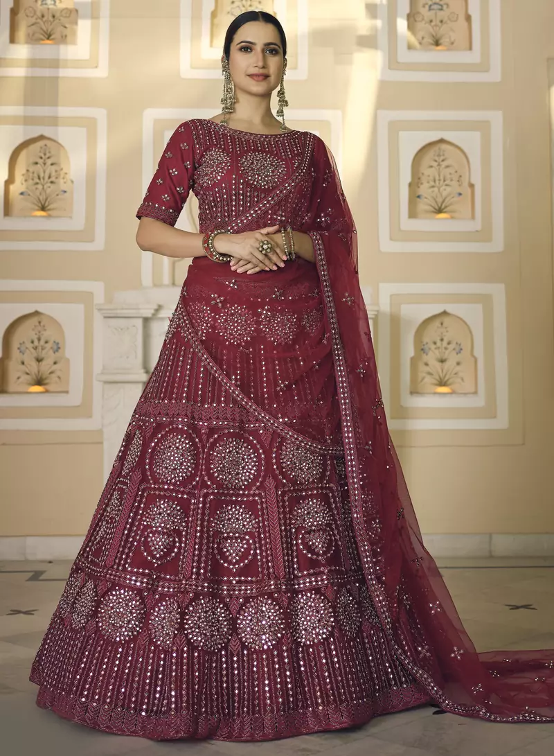 Glamorous Maroon Mirror work with Dori Embroidered net wedding Lehenga choli
