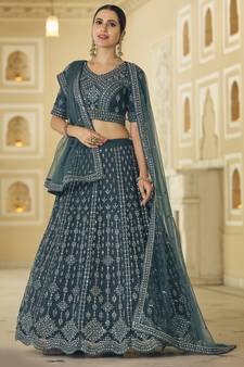 Delightful Rama Blue Mirror work with Dori Embroidered net Bridal Lehenga