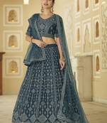  Rama Blue Mirror Work With Dori Embroidered Net Bridal Lehenga