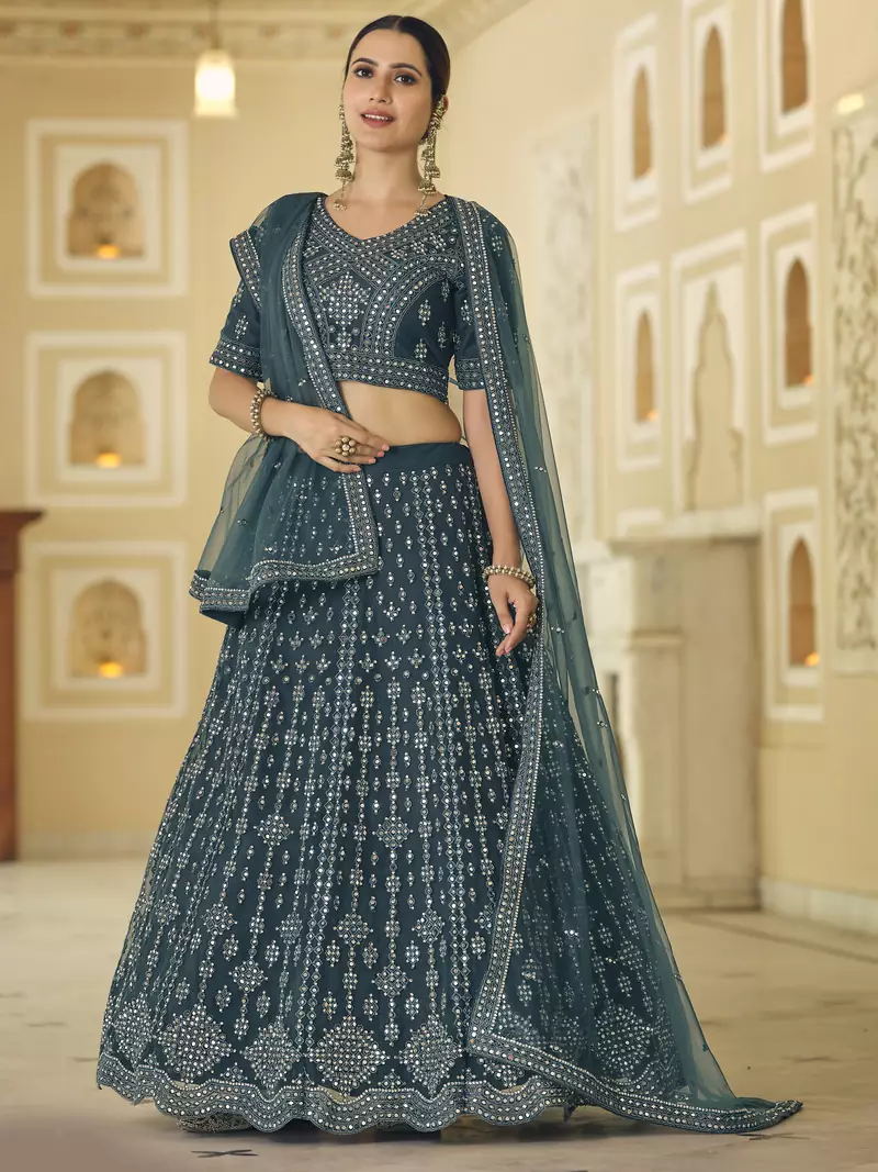 Delightful Rama Blue Mirror work with Dori Embroidered net Bridal Lehenga
