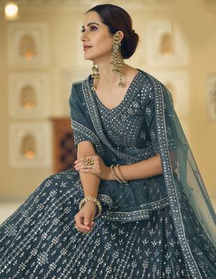  Rama Blue Mirror Work With Dori Embroidered Net Bridal Lehenga 2