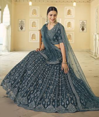  Rama Blue Mirror Work With Dori Embroidered Net Bridal Lehenga 3