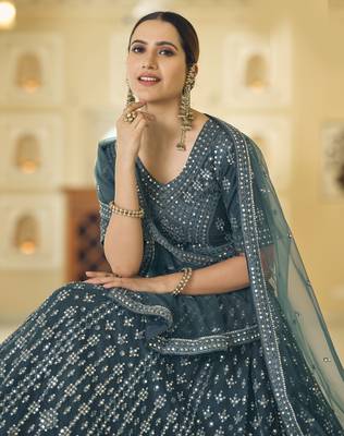  Rama Blue Mirror Work With Dori Embroidered Net Bridal Lehenga 4