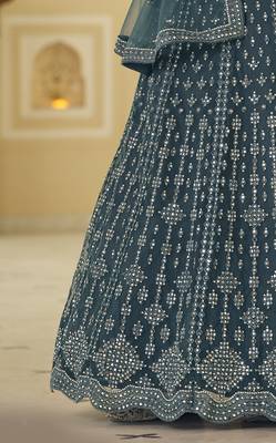  Rama Blue Mirror Work With Dori Embroidered Net Bridal Lehenga 5