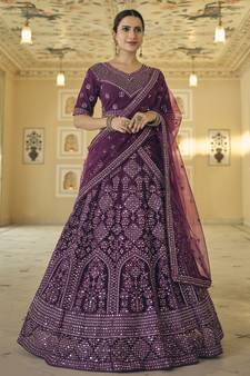 Wine Dori Embroidered with mirror work net semi stitched wedding lehenga